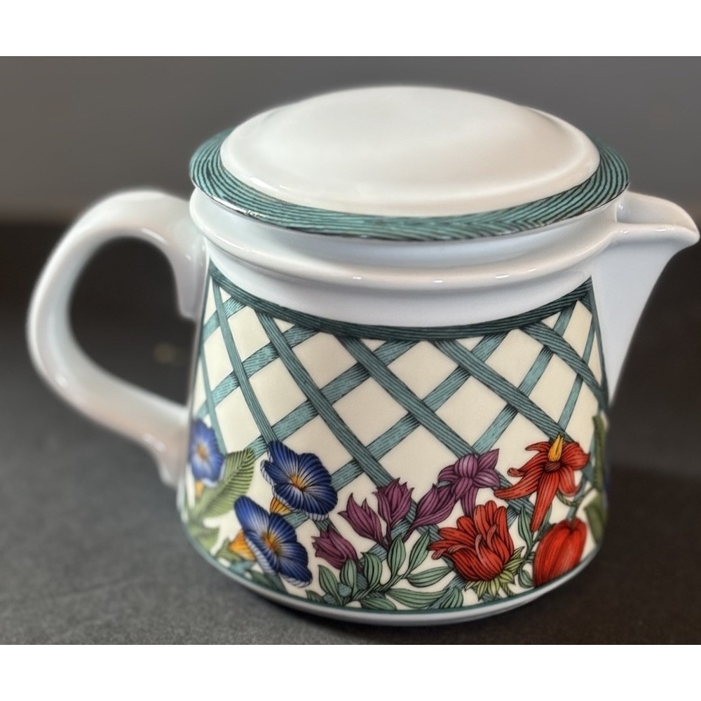 Dansk Nordic Garden Creamer Pitcher w/ Lid Ceramic Denmark Floral Lattice Design